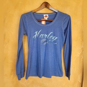 Harley-Davidson Women's Blue Long Sleeve Top with Blue Turquoise Rhinestones S
